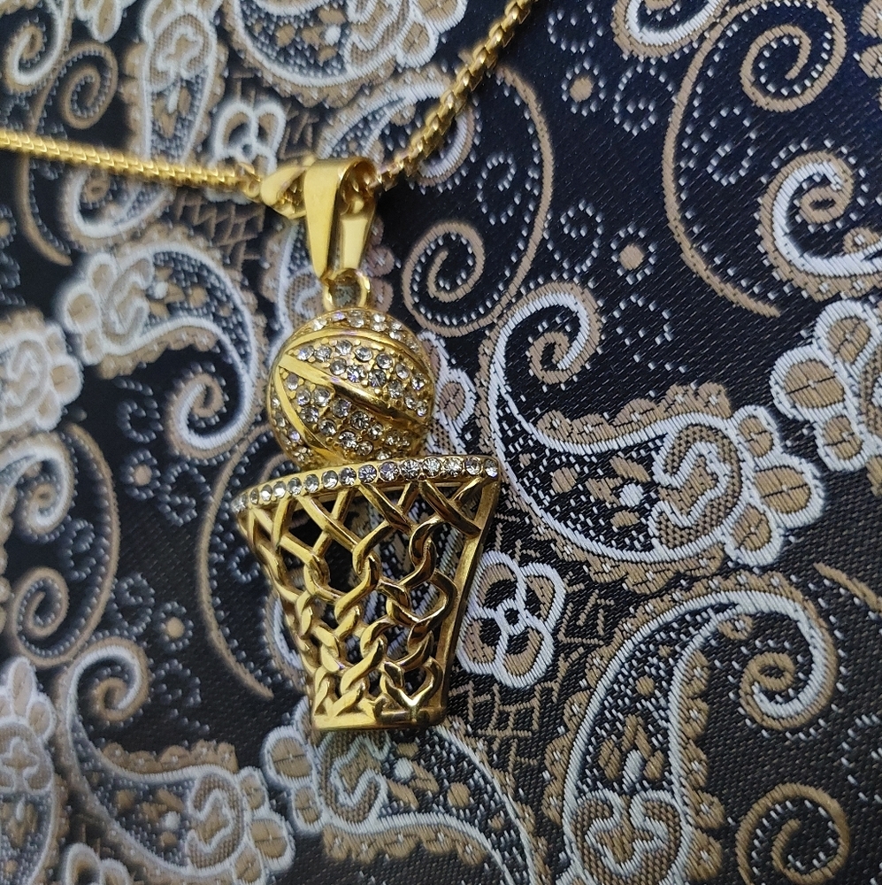 18K Gold Plated Basketball And Net Necklace Mens